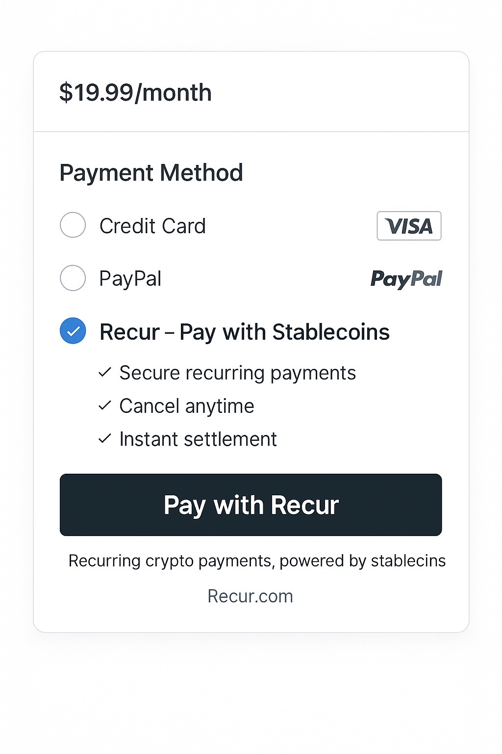Checkout with Recur — Pay with Stablecoins
